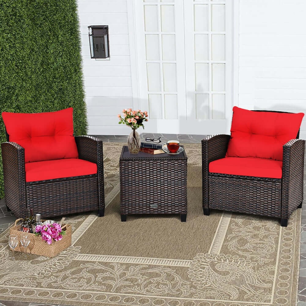 3-Piece Outdoor Rattan Bistro Set - 2 Ergonomic Wicker Chairs with Thick Cushions & Tempered Glass Coffee Table