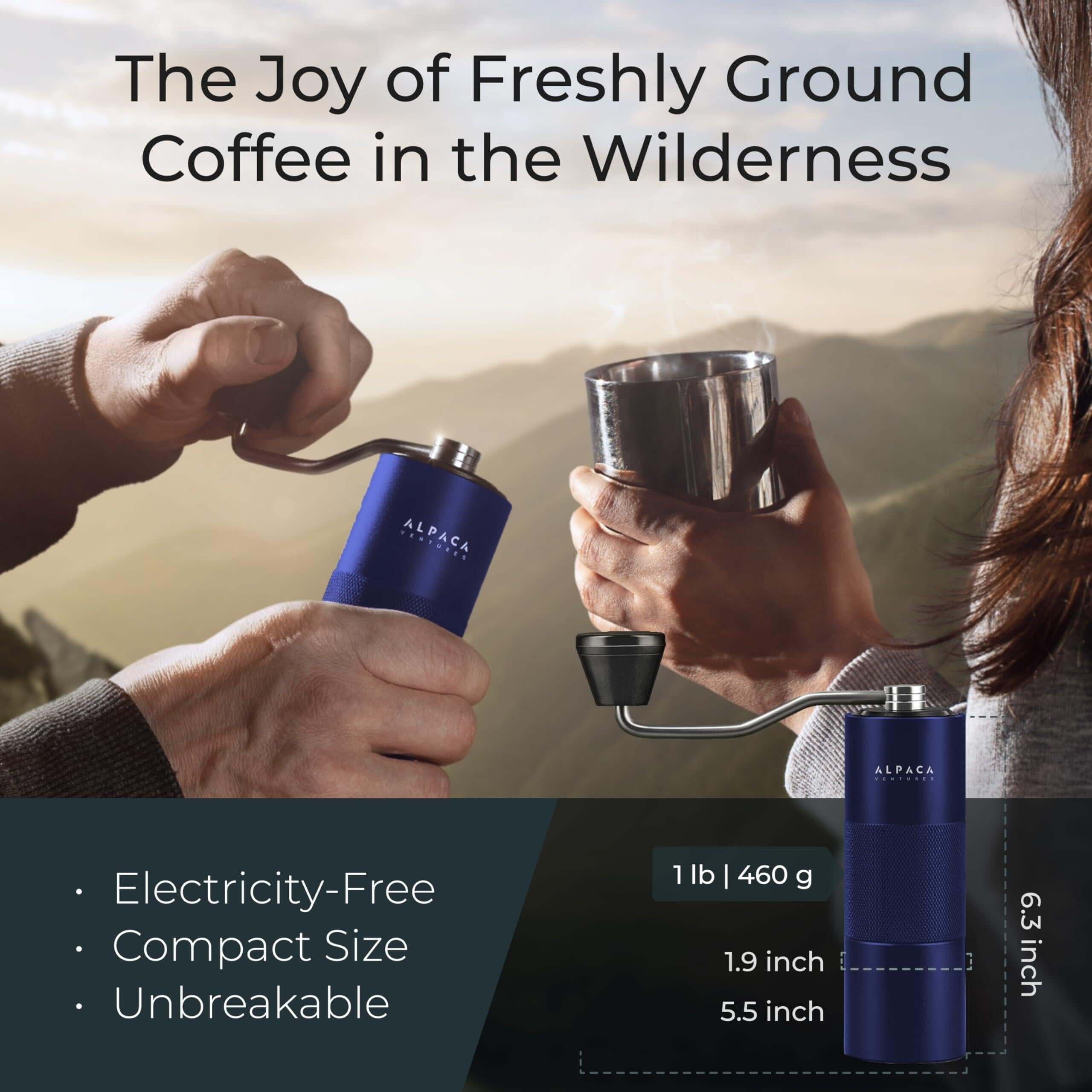Portable hand-crank coffee grinder being used at a forest campsite for fresh brewing