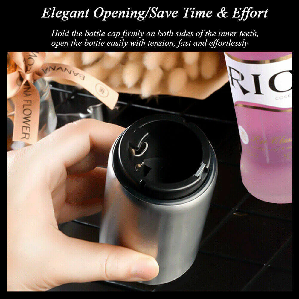 Person using automatic magnetic bottle opener to instantly pop a beer cap