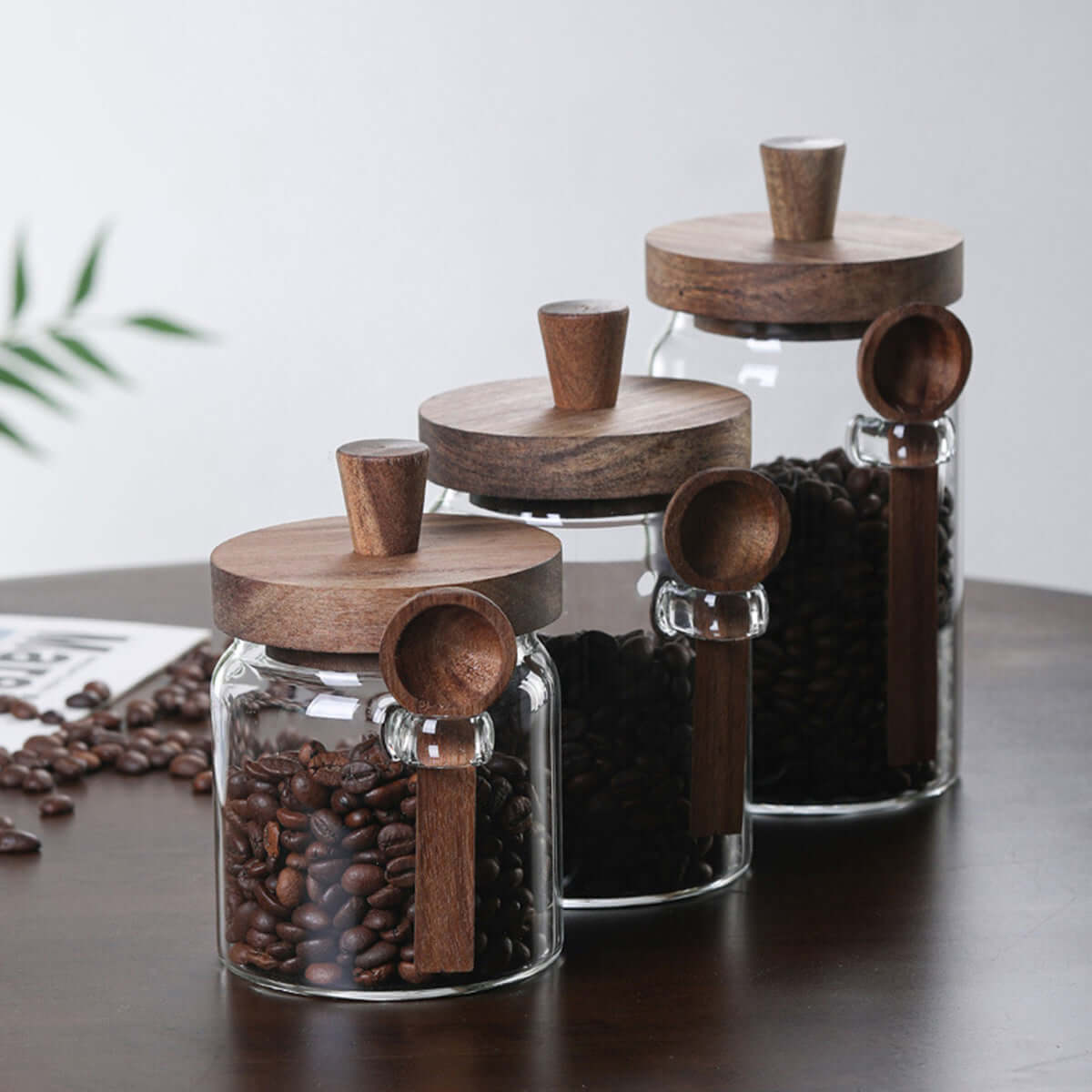 Set of 3 Glass Coffee & Sugar Jars with Bamboo Lids - 25oz Airtight Kitchen Canisters with Wooden Spoons