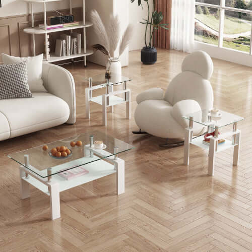 Modern Tempered Glass Tea Table Set (2-Pack) – Minimalist Circular Nesting Tables – Elegant White Base Centerpiece for Living Room