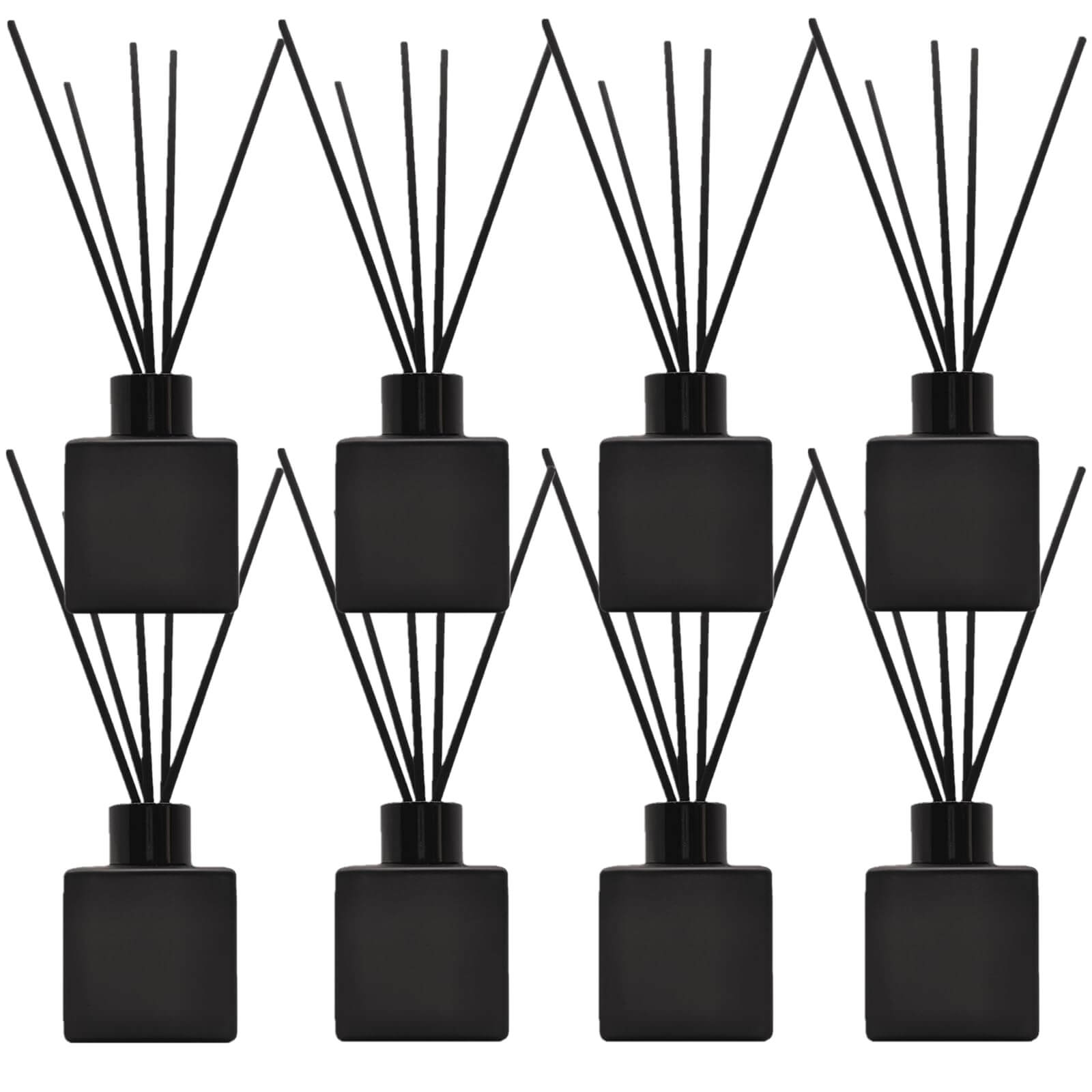  8-pack matte black square reed diffuser bottles with black fragrance sticks and stoppers for home aromatherapy.