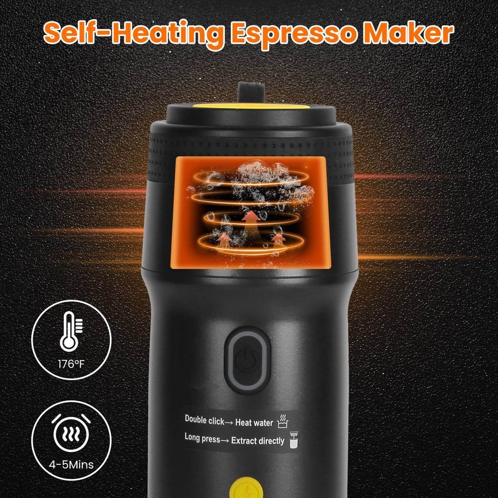 Rapid 176 degree Fahrenheit water heating for travel espresso maker