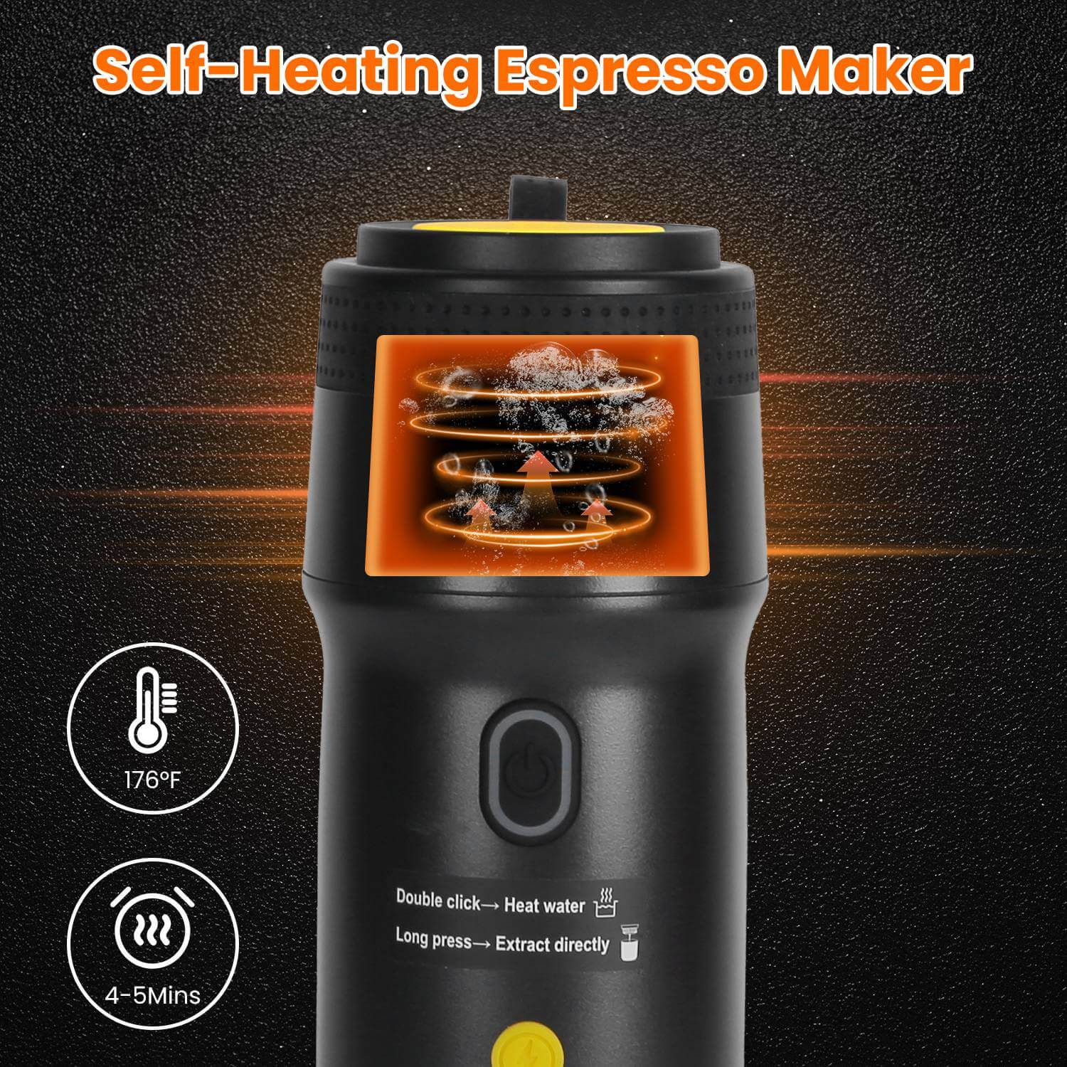 Rapid 176 degree Fahrenheit water heating for travel espresso maker