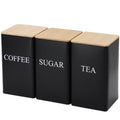 Peosaard 3-piece matte black iron kitchen canister set with bamboo lids for coffee, tea, and sugar.