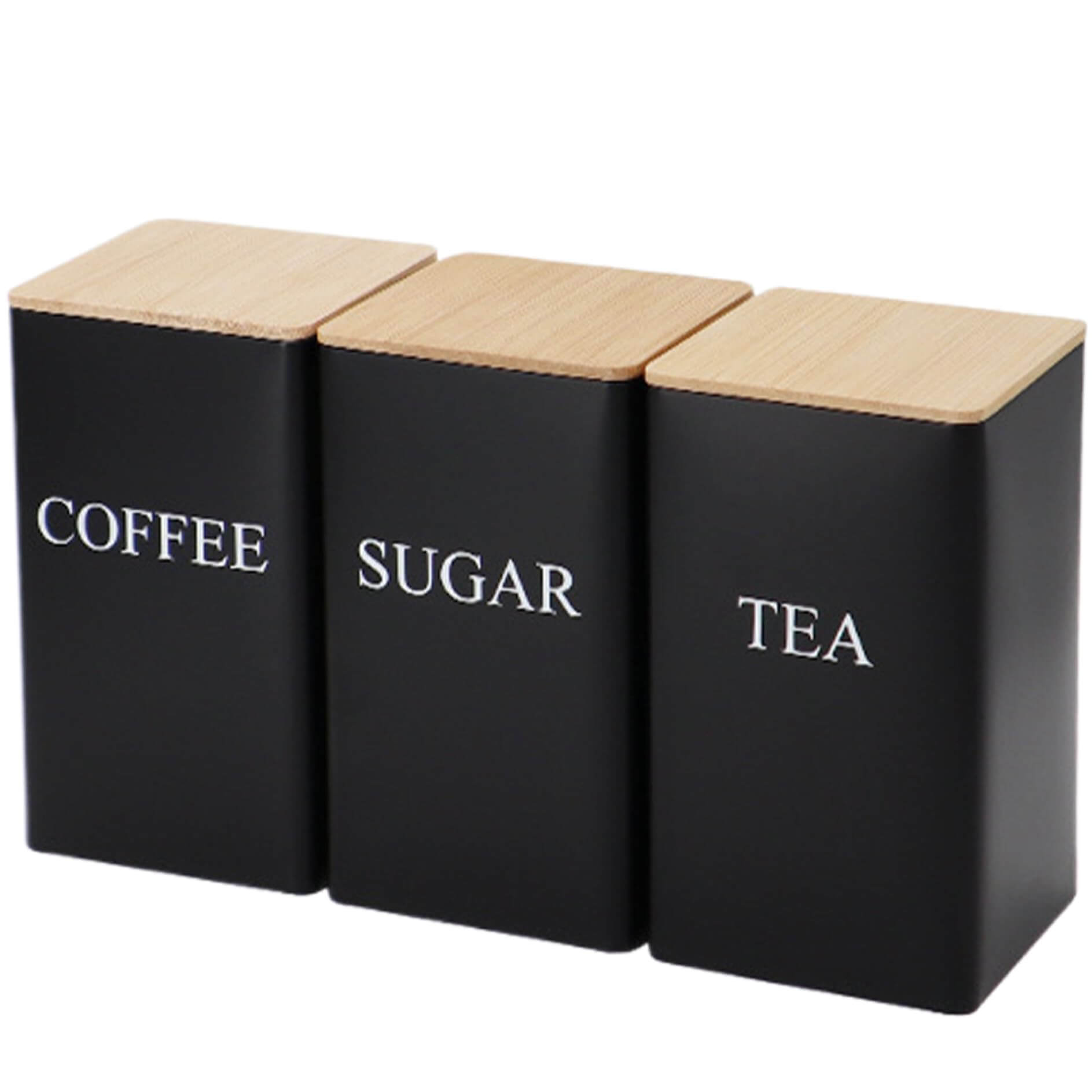 Peosaard 3-piece matte black iron kitchen canister set with bamboo lids for coffee, tea, and sugar.