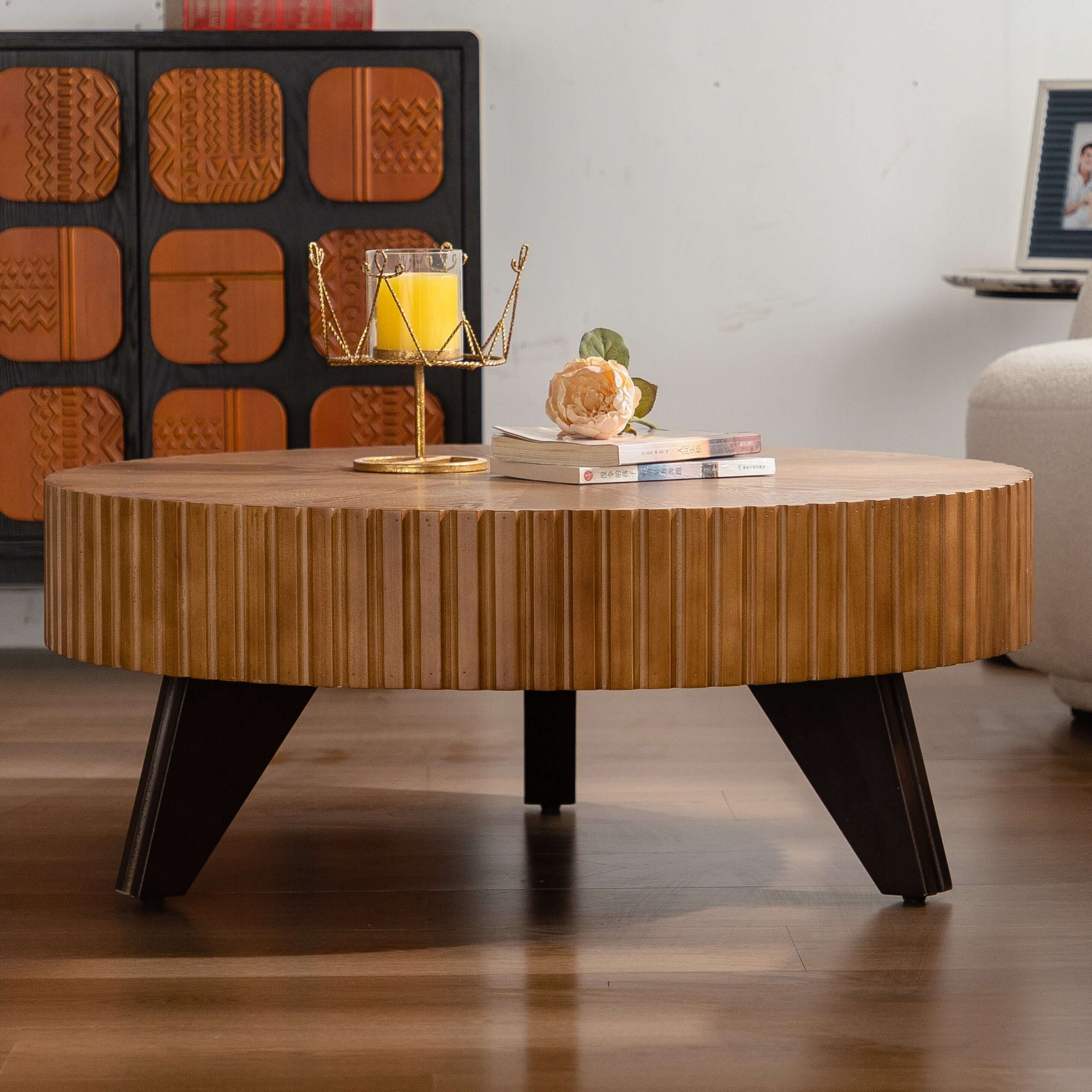 35.4" round retro coffee table in natural oak finish with ribbed design and black legs, perfect for modern decor.