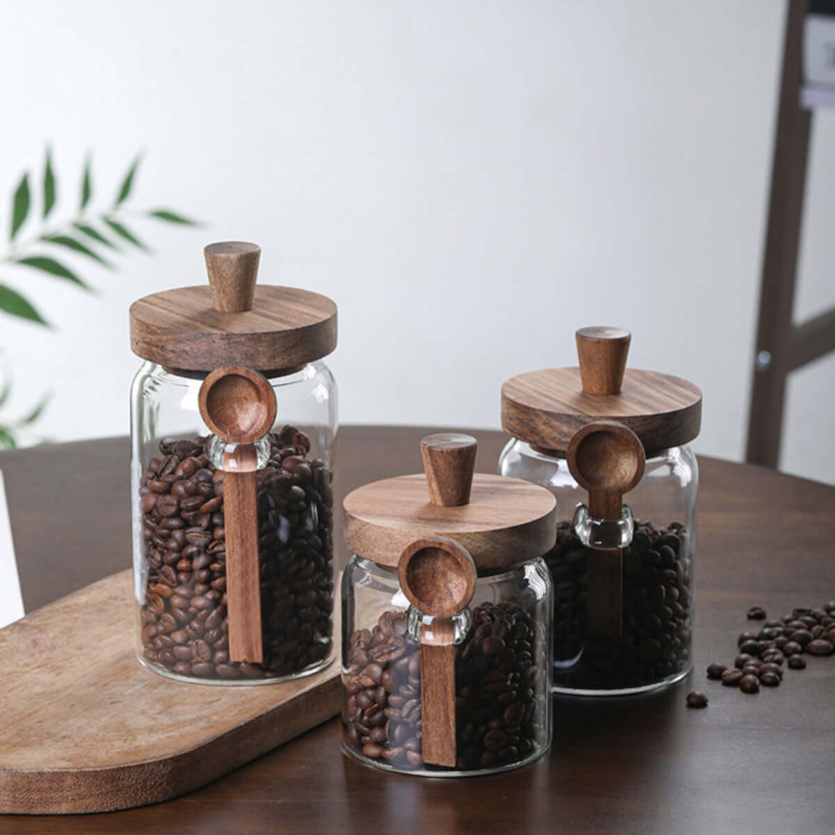 Set of 3 Glass Coffee & Sugar Jars with Bamboo Lids - 25oz Airtight Kitchen Canisters with Wooden Spoons