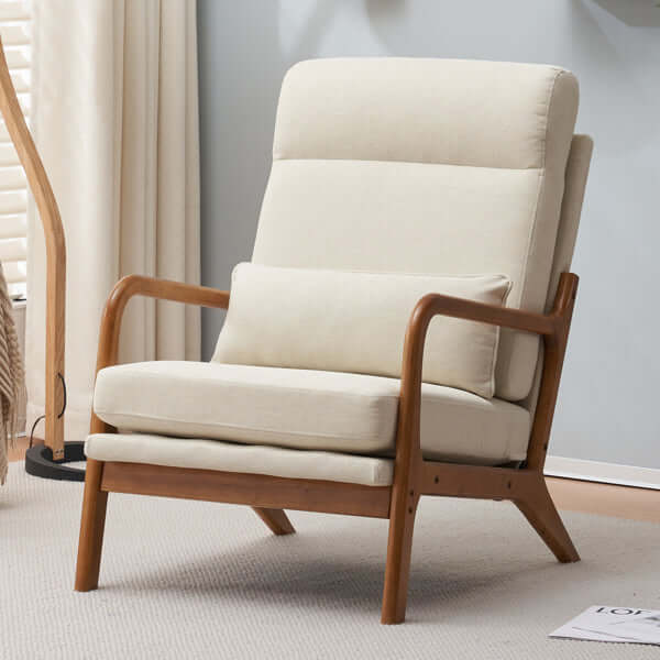 Mid-Century Modern Accent Chair with solid wood armrests and off-white linen upholstery, ideal for a stylish lounge or study.