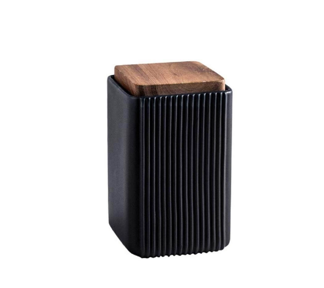 Modern square ceramic storage jar in matte black with delicate porcelain glaze