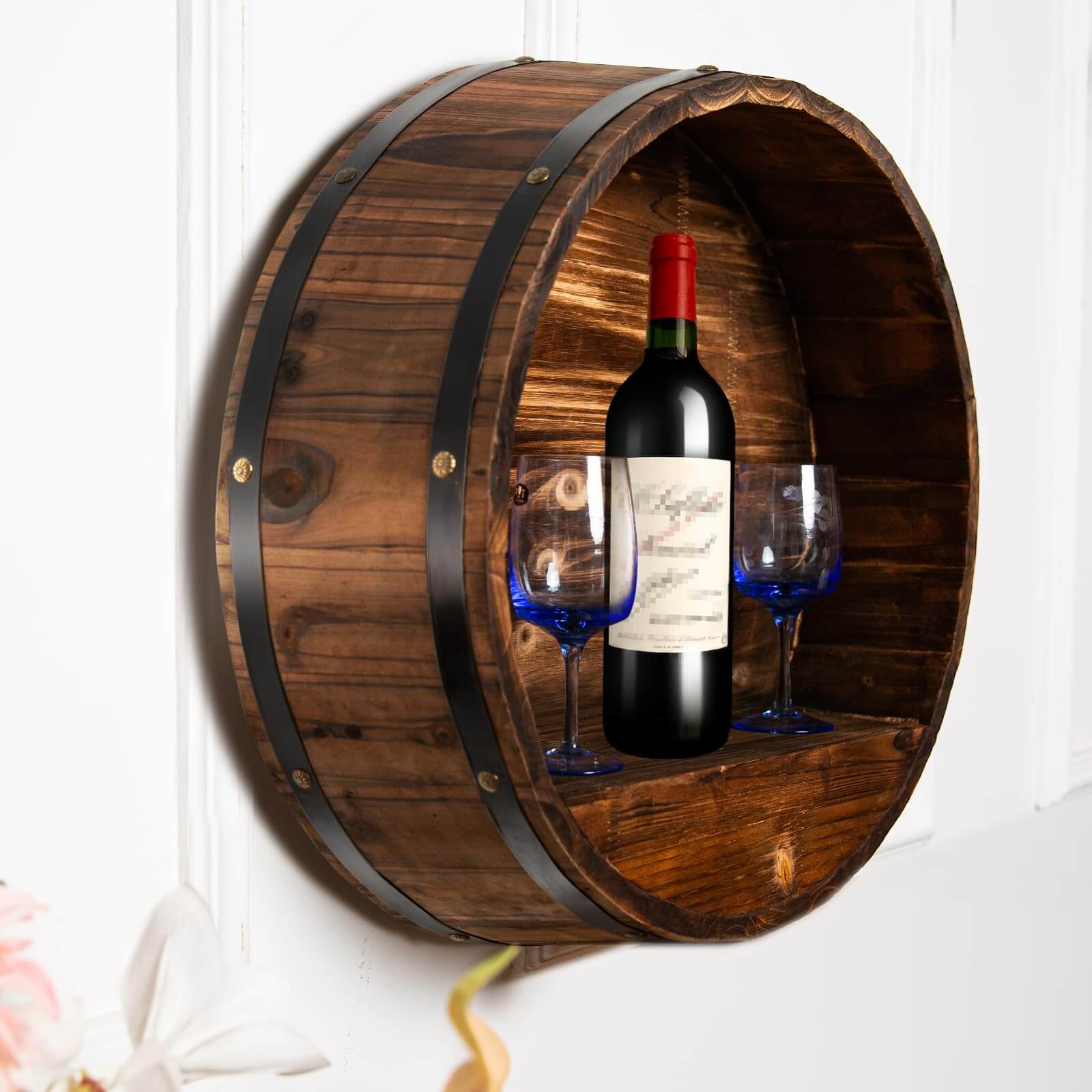 Handcrafted solid oak whiskey barrel wall rack with rustic wood finish