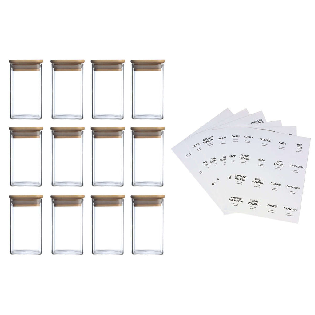 12-piece square glass spice jar set with natural bamboo lids and minimalist labels