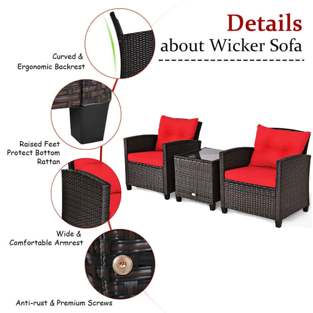 Details about 3-piece outdoor rattan bistro set with ergonomic design and cushioned chairs.