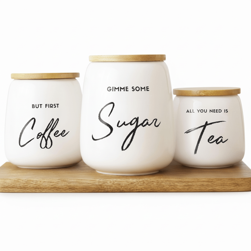 Elegant 3-piece airtight ceramic canister trio for coffee, tea, and sugar storage in a modern kitchen.