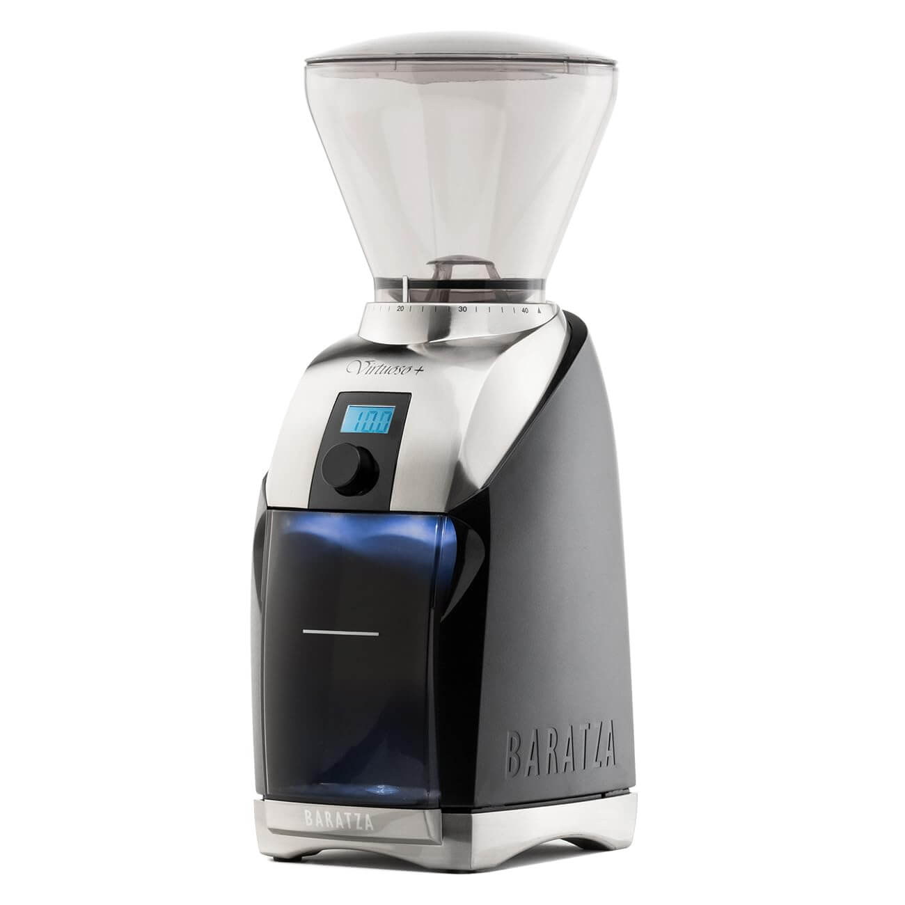 Baratza Virtuoso+ Elite electric coffee grinder with professional metal finish and 40 precision grind settings.