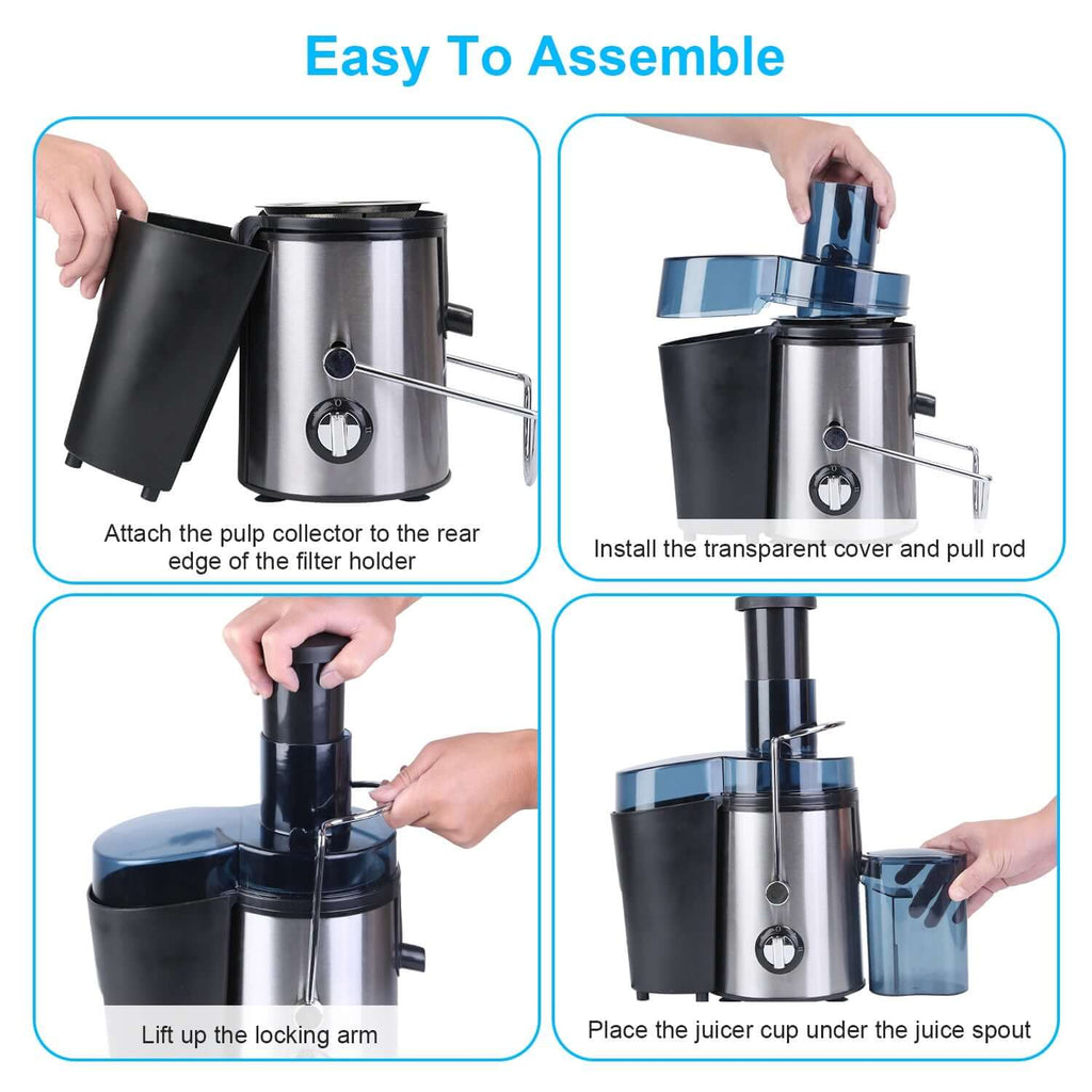 Easy assembly instructions for powerful 1000W centrifugal juicer with labeled steps.