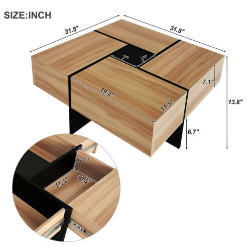 Dimensions of a 31.5" Modern Coffee Table with hidden storage compartments and extendable sliding top.