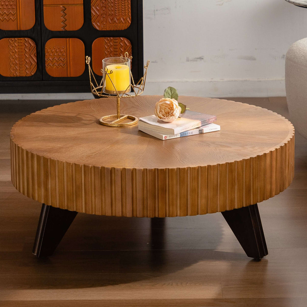 35.4" round retro coffee table with natural oak finish, showcasing mid-century modern design and circular shape.