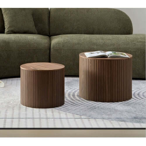 Walnut Round Nesting Coffee Table Set (Set of 2) – Space-Saving Modern Circular Centerpiece – Elegant Wood Finish for Living Room