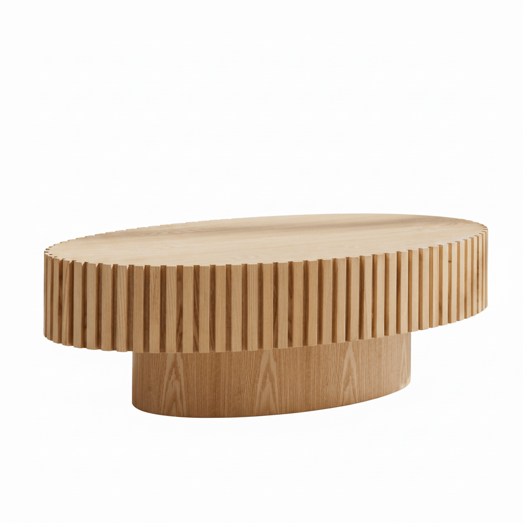 Modern handmade drum coffee table in natural ash wood with an oval top and pedestal base.