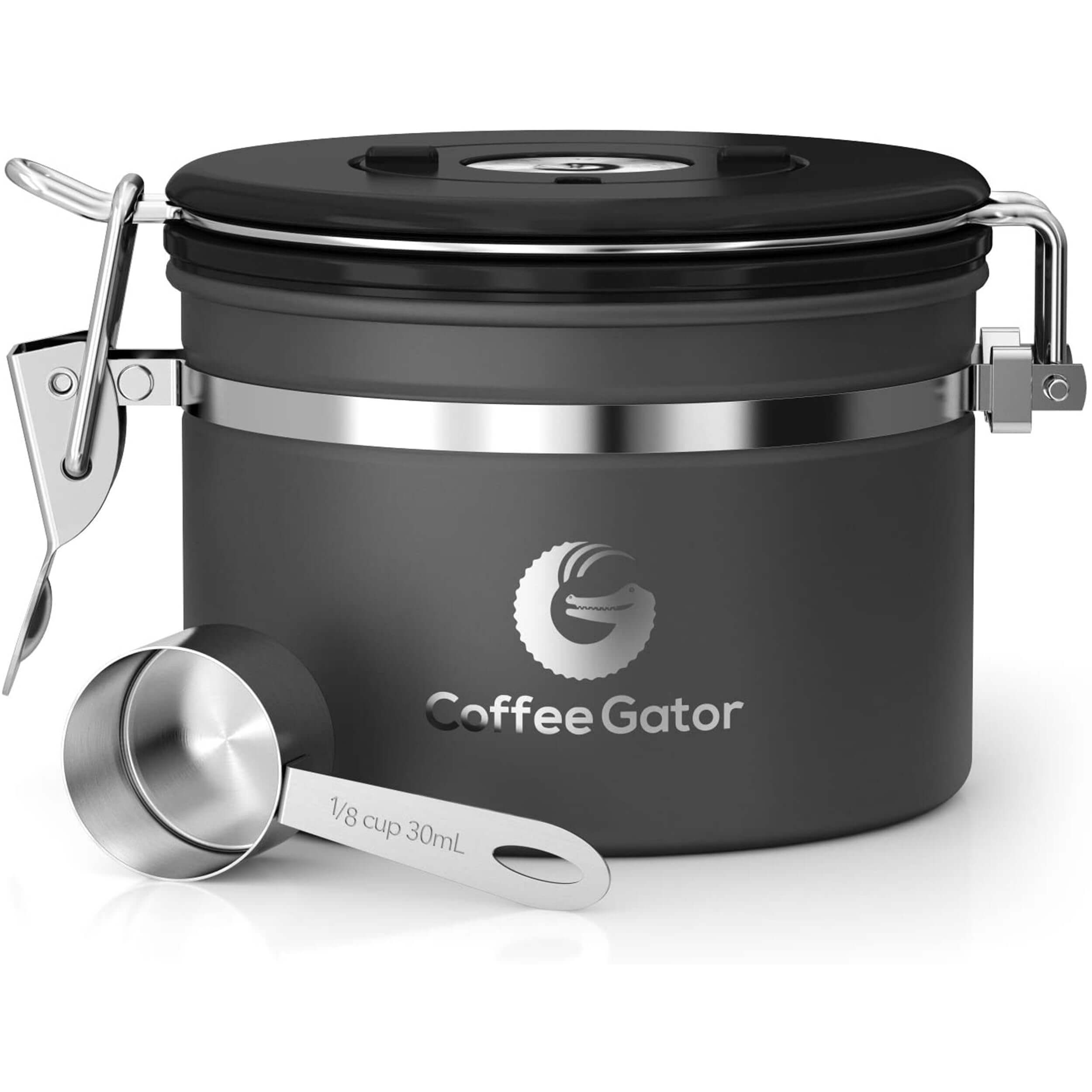 Coffee Gator stainless steel coffee container in small gray with an airtight lid and CO2 release valve.
