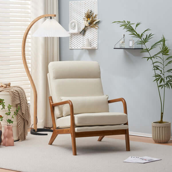 Mid-Century Modern Accent Chair with solid wood armrests and iron frame in off-white linen, ideal for relaxation and style.