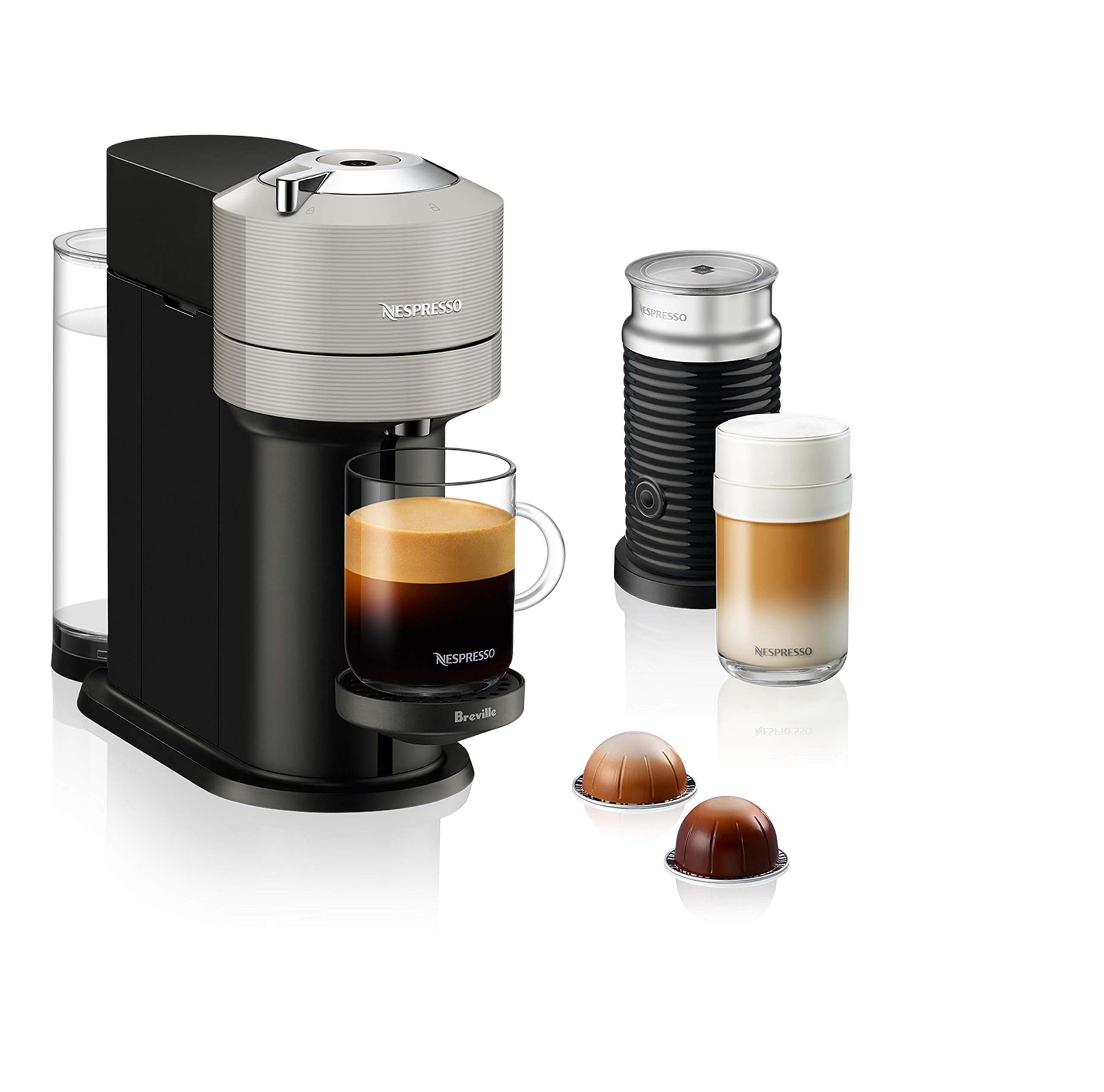 Nespresso Vertuo Next smart coffee brewer and Aeroccino milk frother set in gray