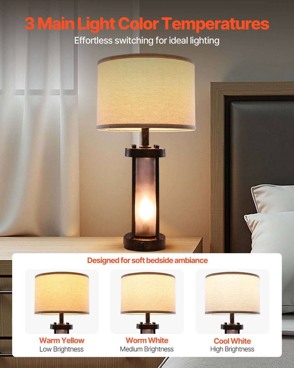 Lamps with 3 light color temperatures for ideal bedside ambiance, featuring warm yellow, warm white, and cool white options.