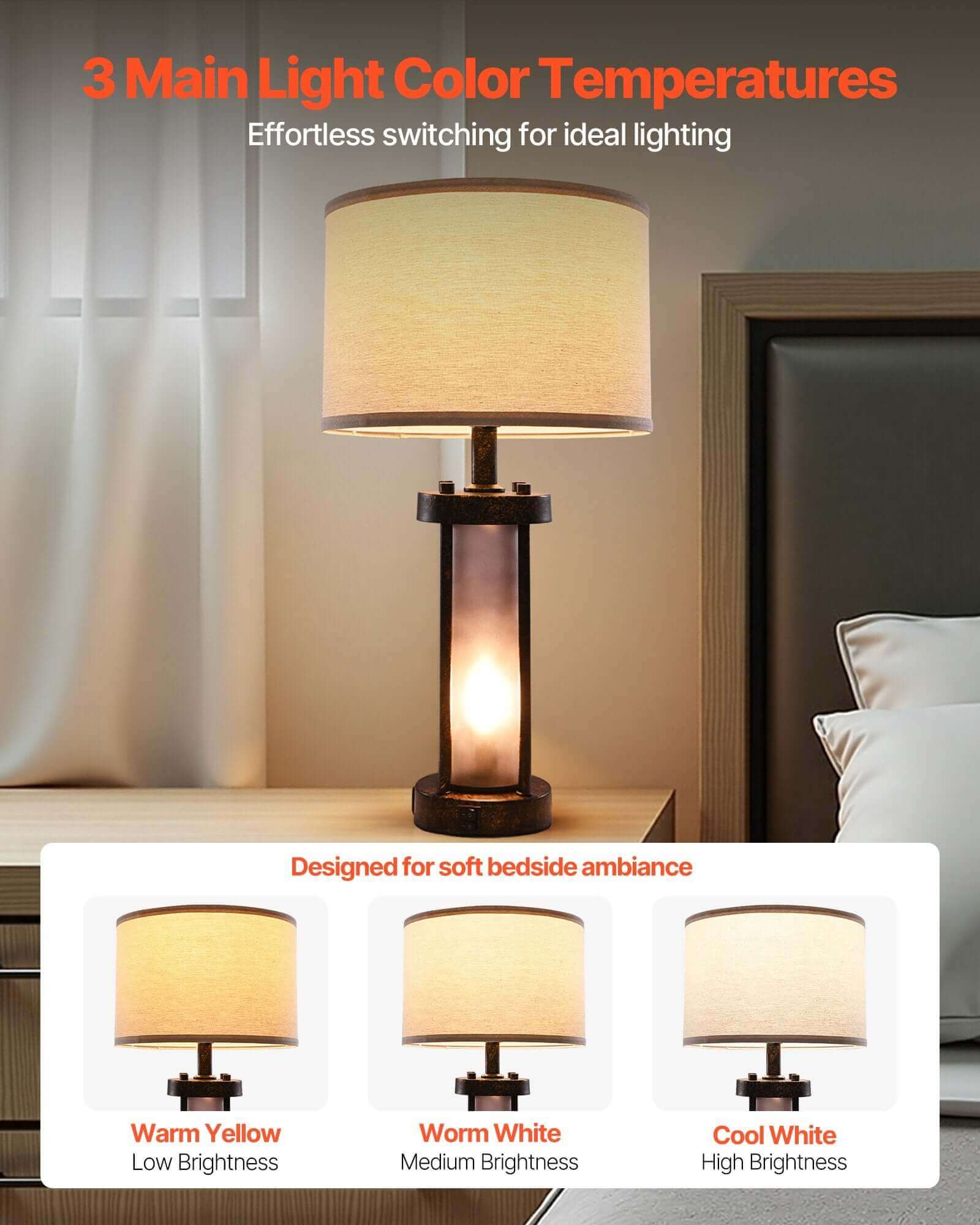 Lamps with 3 light color temperatures for ideal bedside ambiance, featuring warm yellow, warm white, and cool white options.