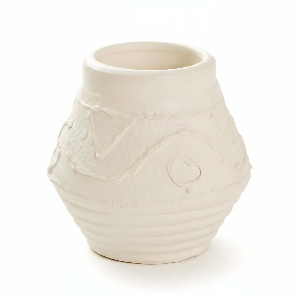 Organic pattern terracotta candle holder in antique white clay 5.5 inch height