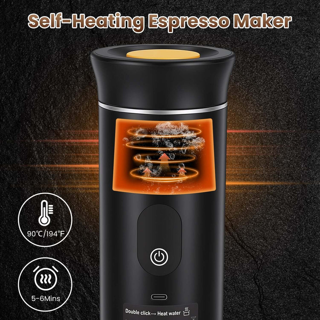 Self-heating portable espresso maker reaching 194 degrees Fahrenheit