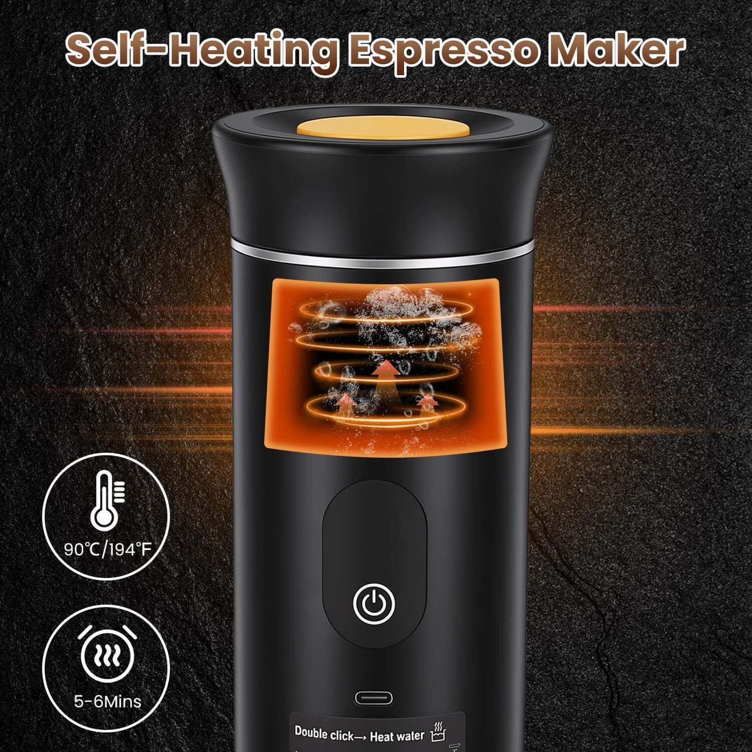 Self-heating portable espresso maker reaching 194 degrees Fahrenheit