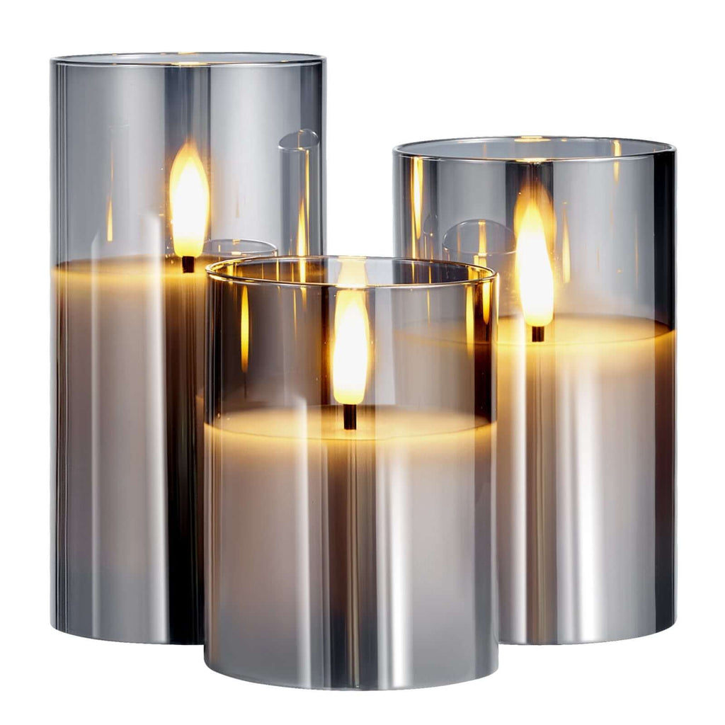 Set of 3 gray flameless LED pillar candles with moving wick and remote control