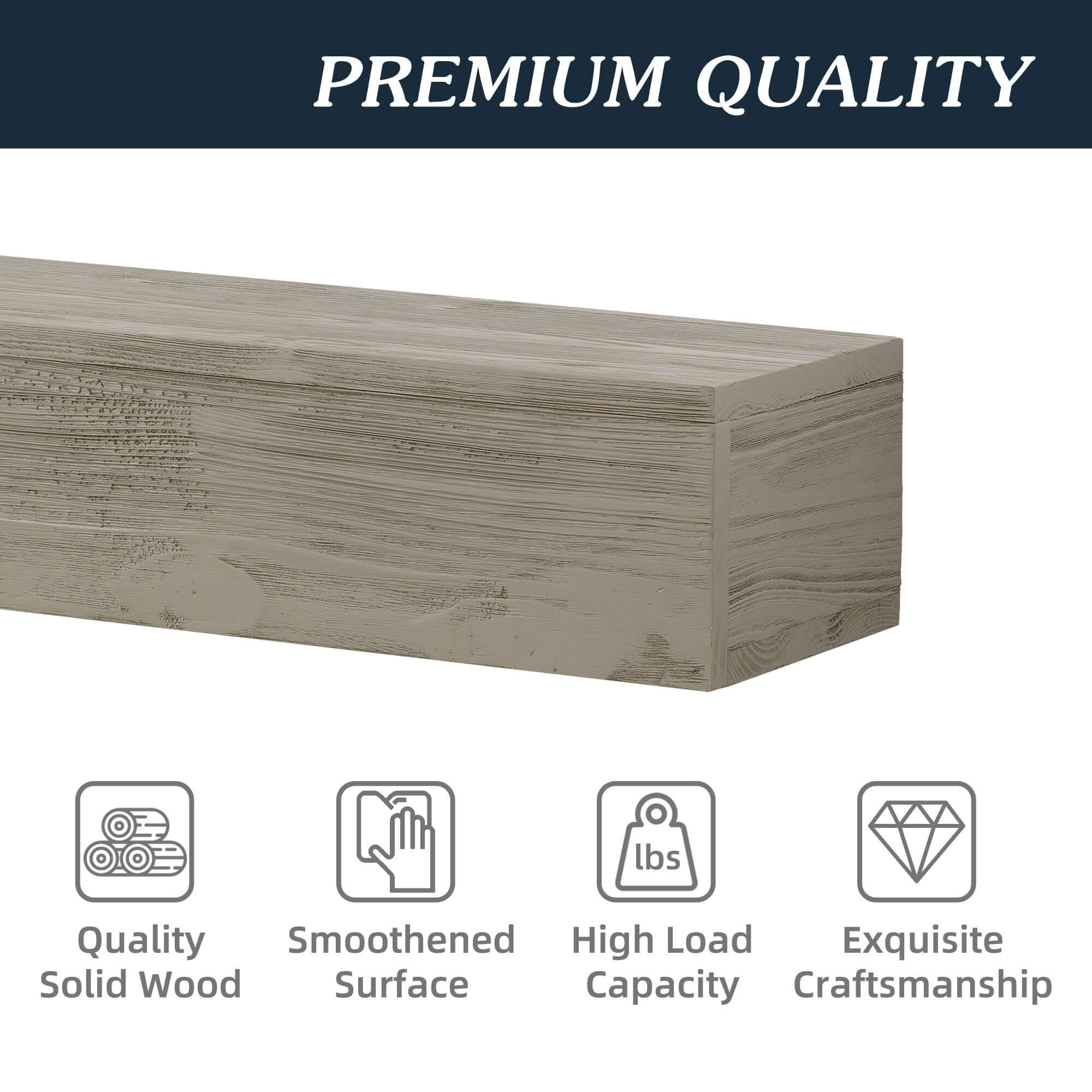 Premium quality wood mantel showcasing solid wood, smoothed surface, high load capacity, and exquisite craftsmanship.