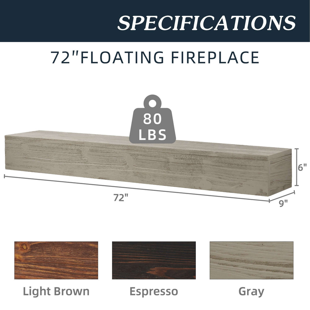 72" floating wood mantel specifications with light brown, espresso, and gray color options