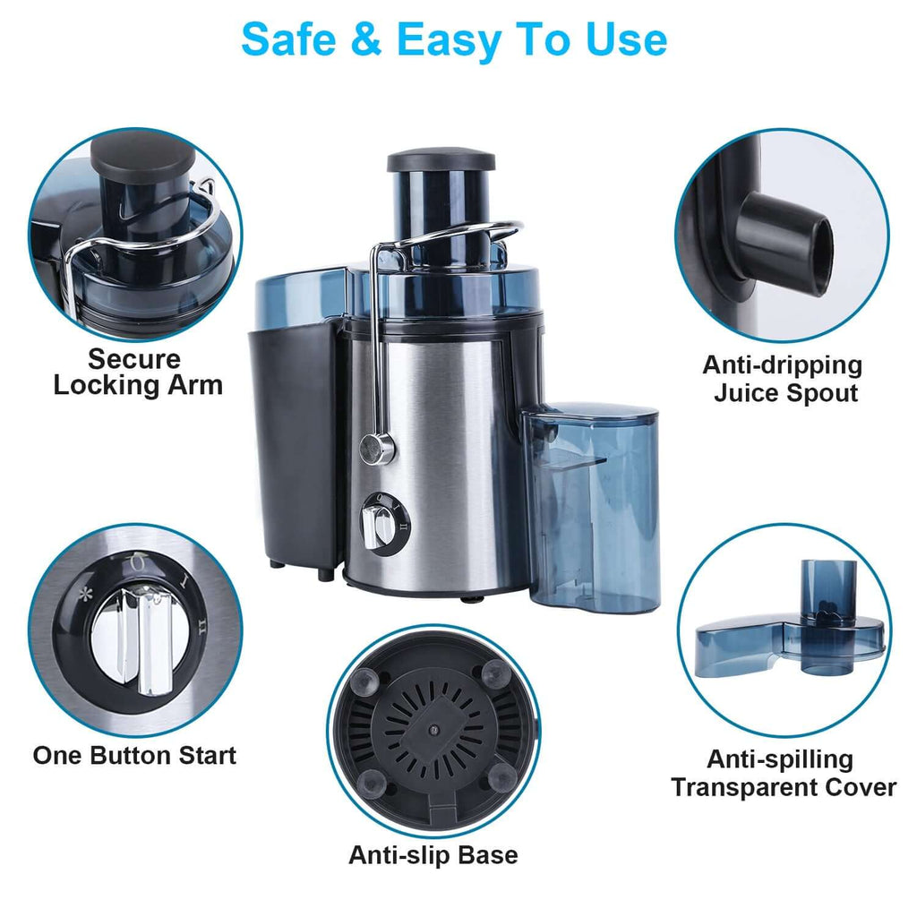 Powerful 1000W centrifugal juicer with secure locking arm, anti-dripping juice spout, and one button start for easy use.
