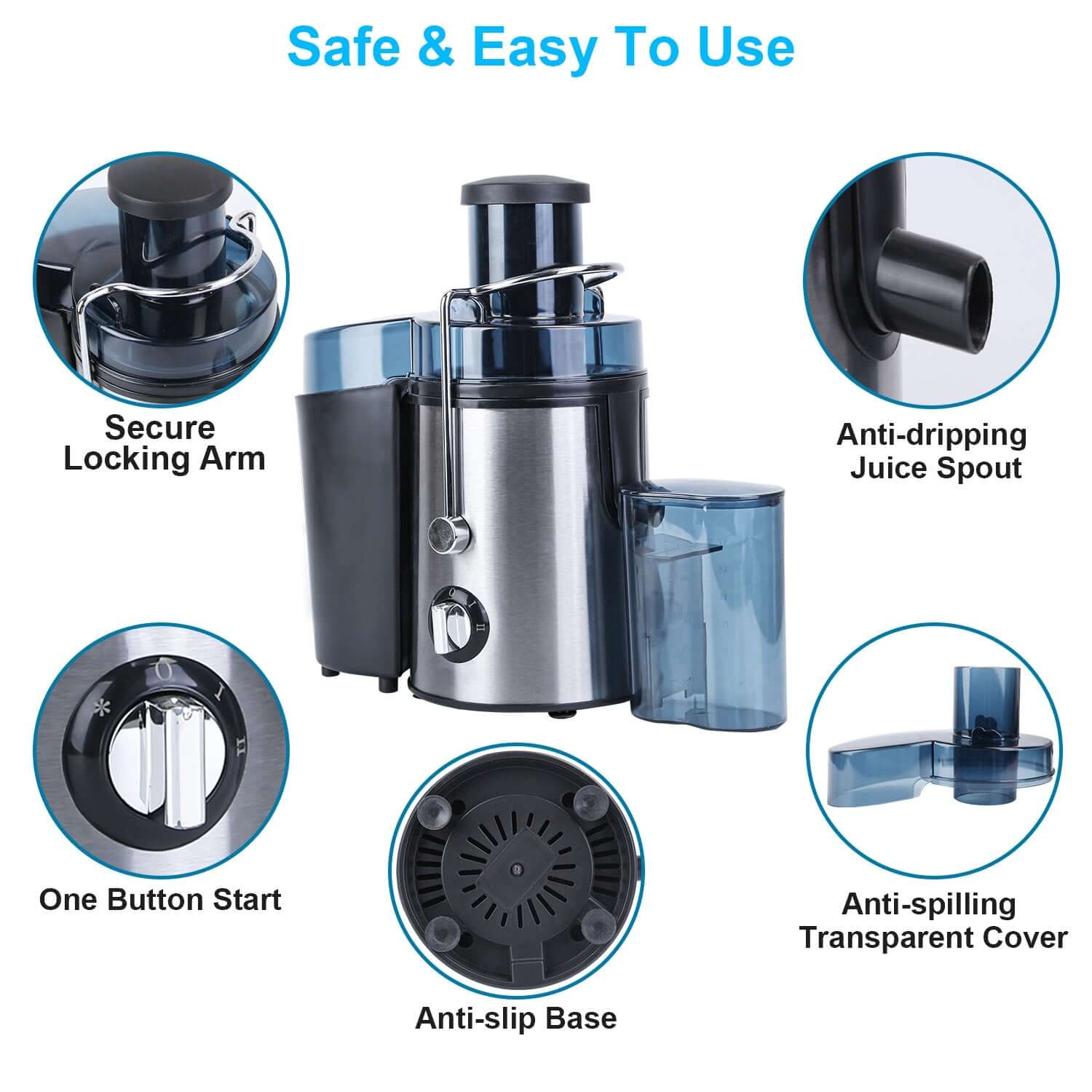 Powerful 1000W centrifugal juicer with secure locking arm, anti-dripping juice spout, and one button start for easy use.
