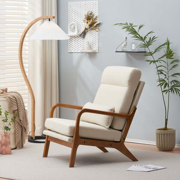 Mid-Century Modern Accent Chair with solid wood armrest, off-white linen cushions, set in a stylish living room.