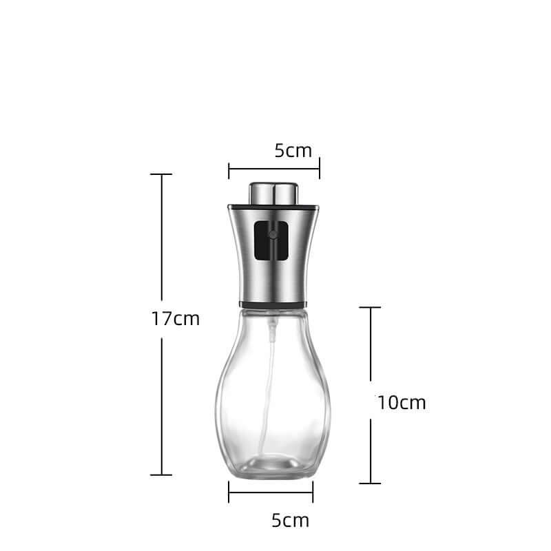 Premium glass oil and vinegar dispenser bottle with stainless steel pourer, measuring 17cm tall and 5cm wide.