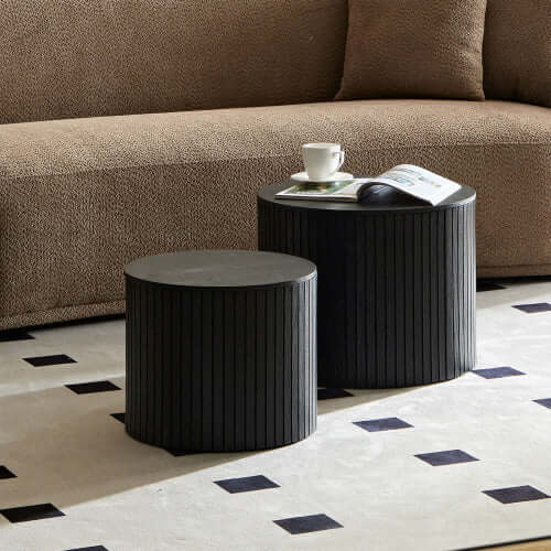 Sleek Nesting Coffee Table Duo (Set of 2) – Modern Circular Space-Saving Tables – Minimalist Black Walnut Finish for Living Room