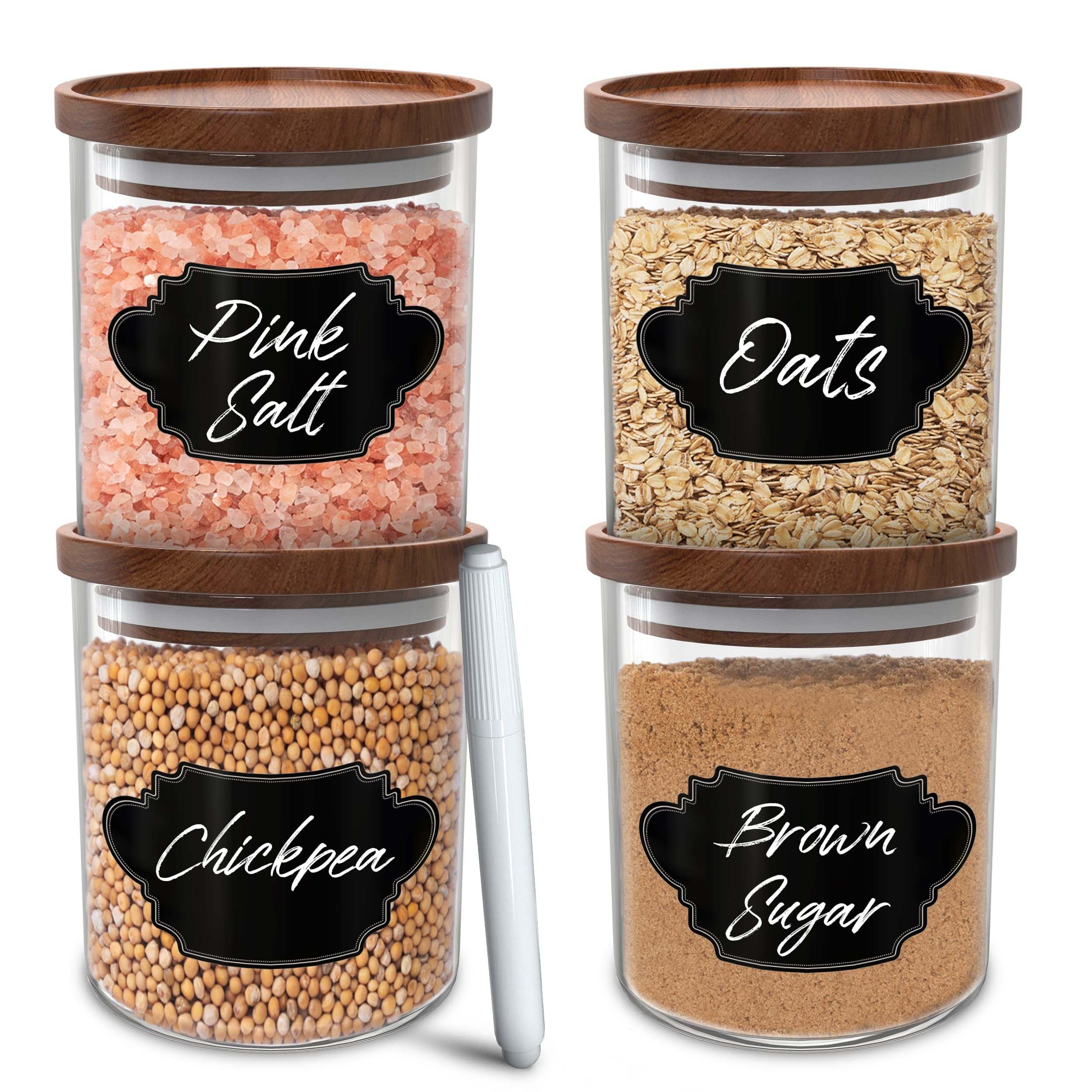 Essos set of 4 clear glass storage jars with natural wood lids on white background