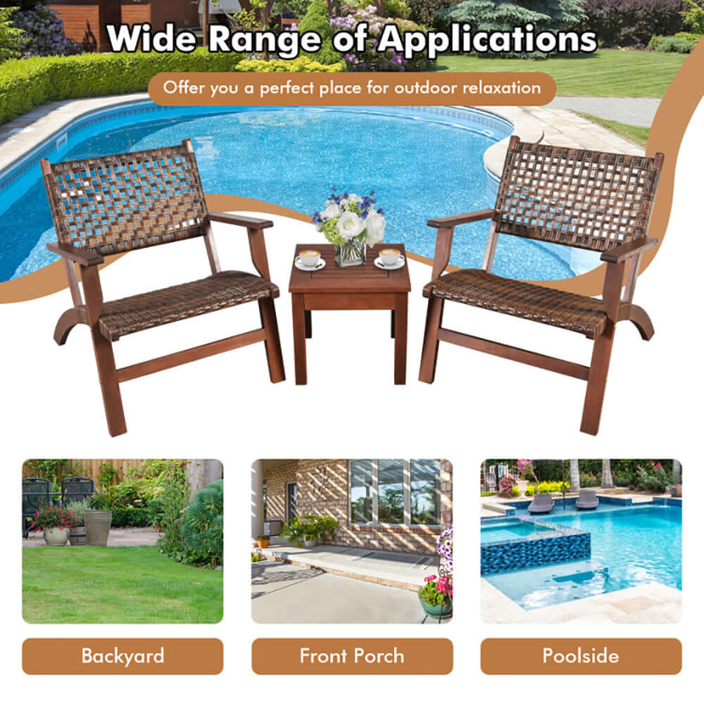 3-piece rattan patio set by poolside, showcasing ergonomic chairs and table for outdoor relaxation.