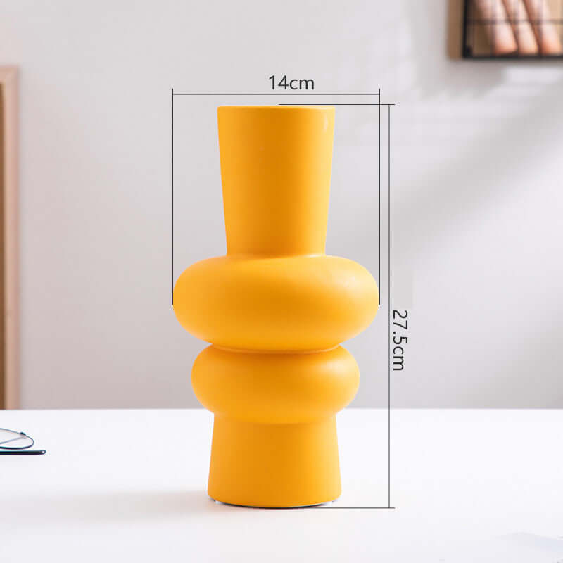 Nordic Minimalist ceramic vase in yellow, with a geometric design, dimensions 14cm x 27.5cm, perfect for home decor.