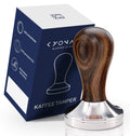 KYONANO 58mm elite espresso tamper featuring a premium brown wood handle and polished stainless steel flat base.