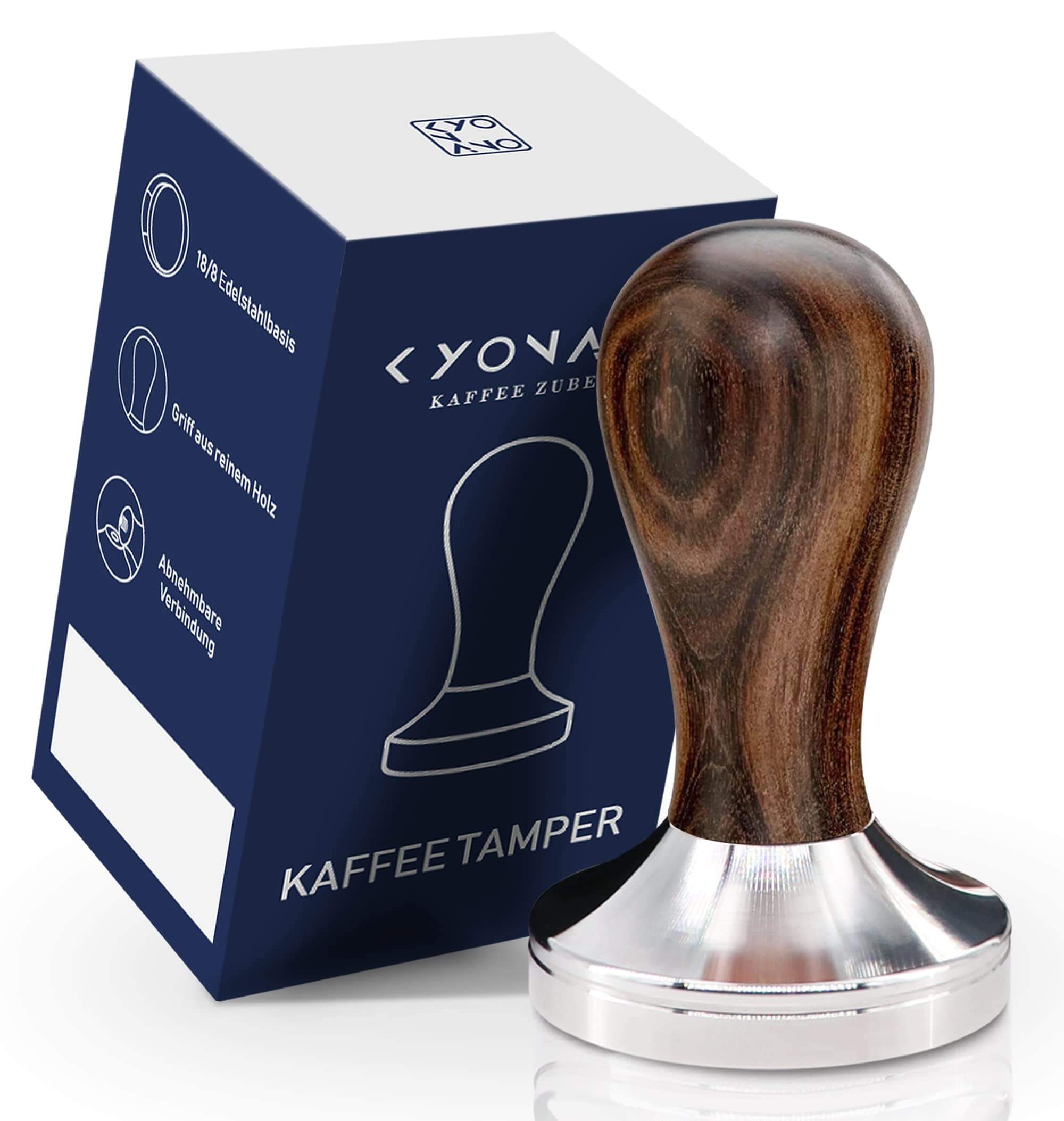 KYONANO 58mm elite espresso tamper featuring a premium brown wood handle and polished stainless steel flat base.