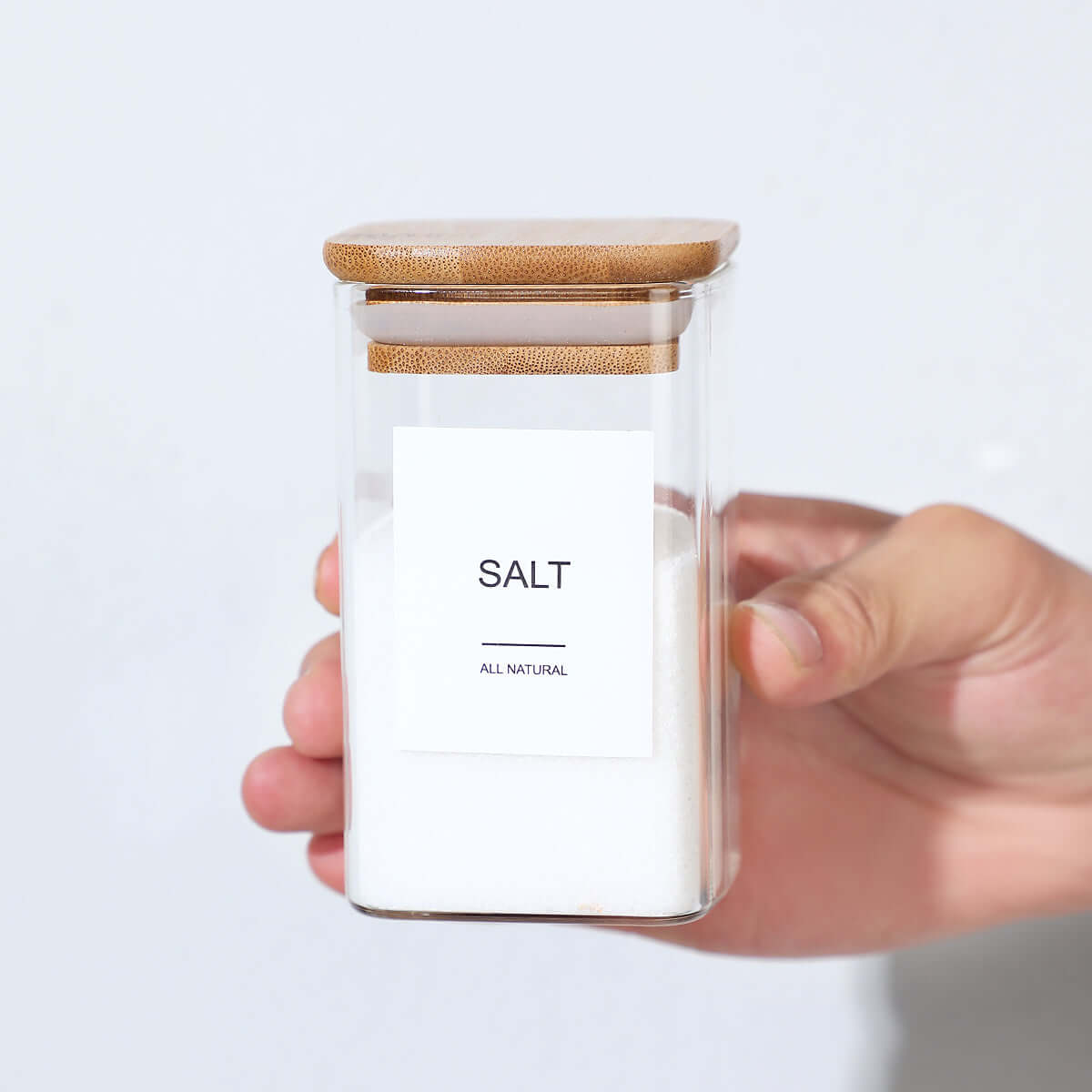 12-Piece Glass Spice Jars Set - Square Airtight Seasoning Containers with 72 Minimalist Labels - Bamboo Lids