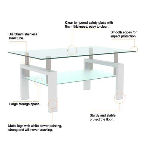 Double layer glass coffee table with frosted bottom shelf for magazines