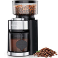 Aromaster electric burr coffee grinder in sleek black with 25 precision grind settings and a cup timer.