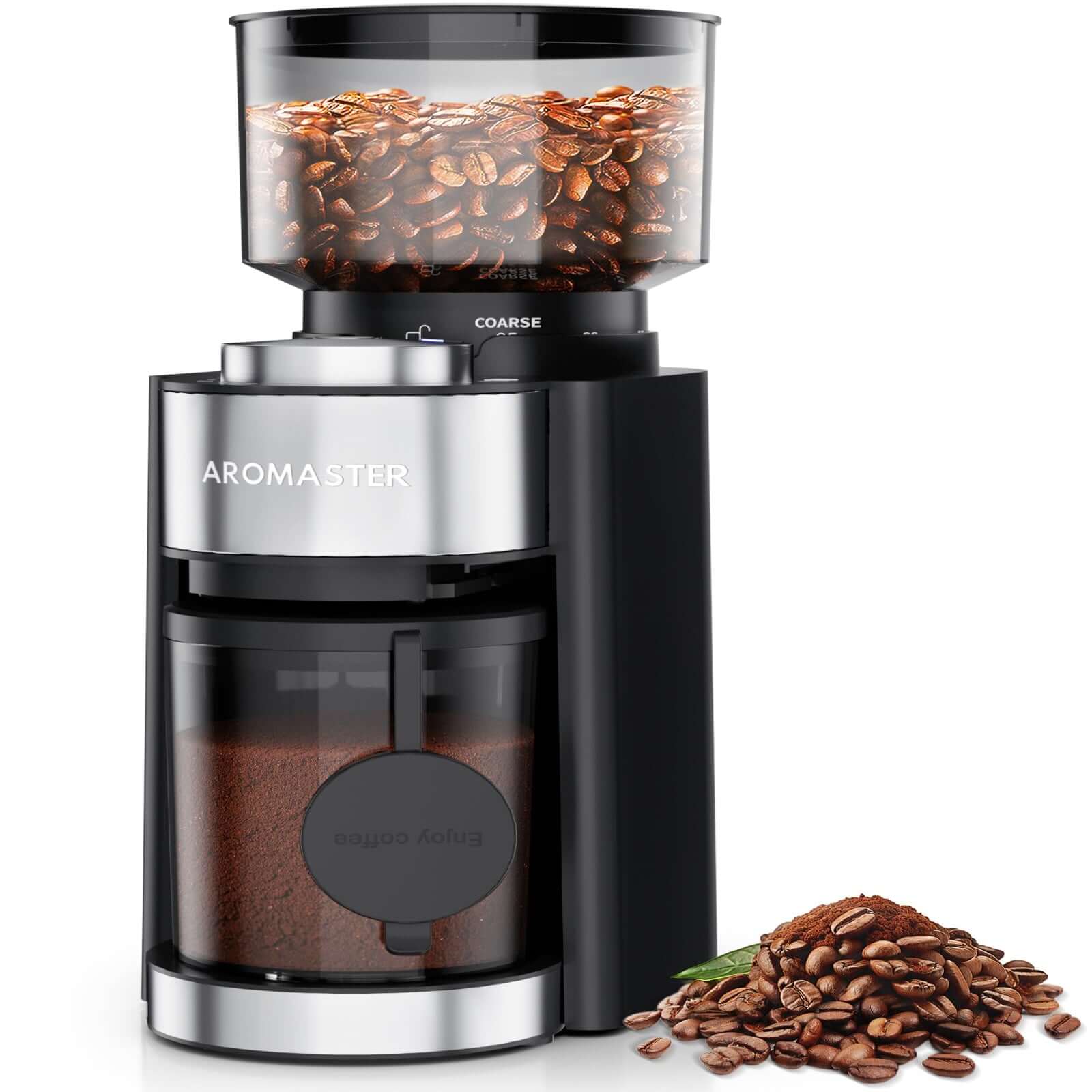 Aromaster electric burr coffee grinder in sleek black with 25 precision grind settings and a cup timer.