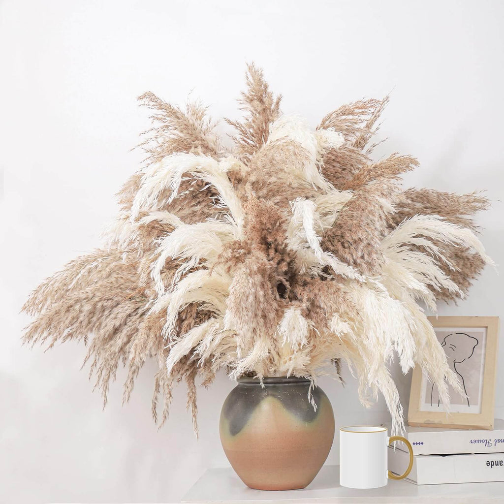 20-Stem Boho Chic 28" Pampas Grass Decor - Natural Dried Fluffy Stalks - Brown & White Minimalist Floral Centerpiece